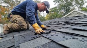 A home with a freshly applied light-colored roof coating under partly cloudy skies.
