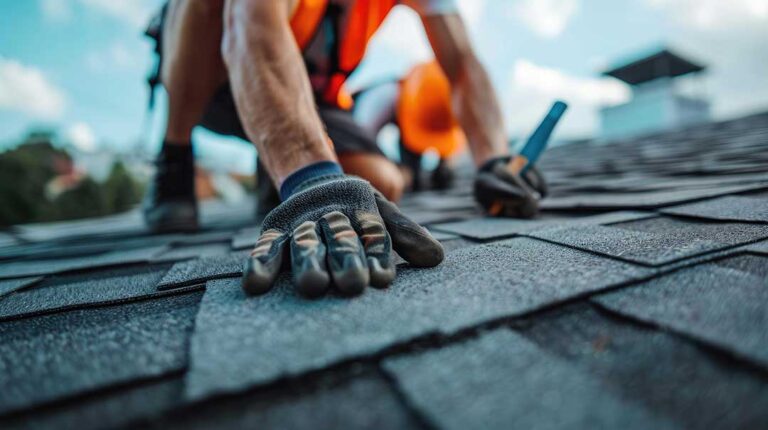 Roofing workers install protective underlayment and shingles on a residential roof above a snowy yard.